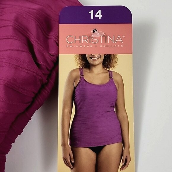 CHRISTINA Women's 2 Piece Tankini Swimsuit Fuschia Black Built-In Bra Size 14 - Picture 9 of 16